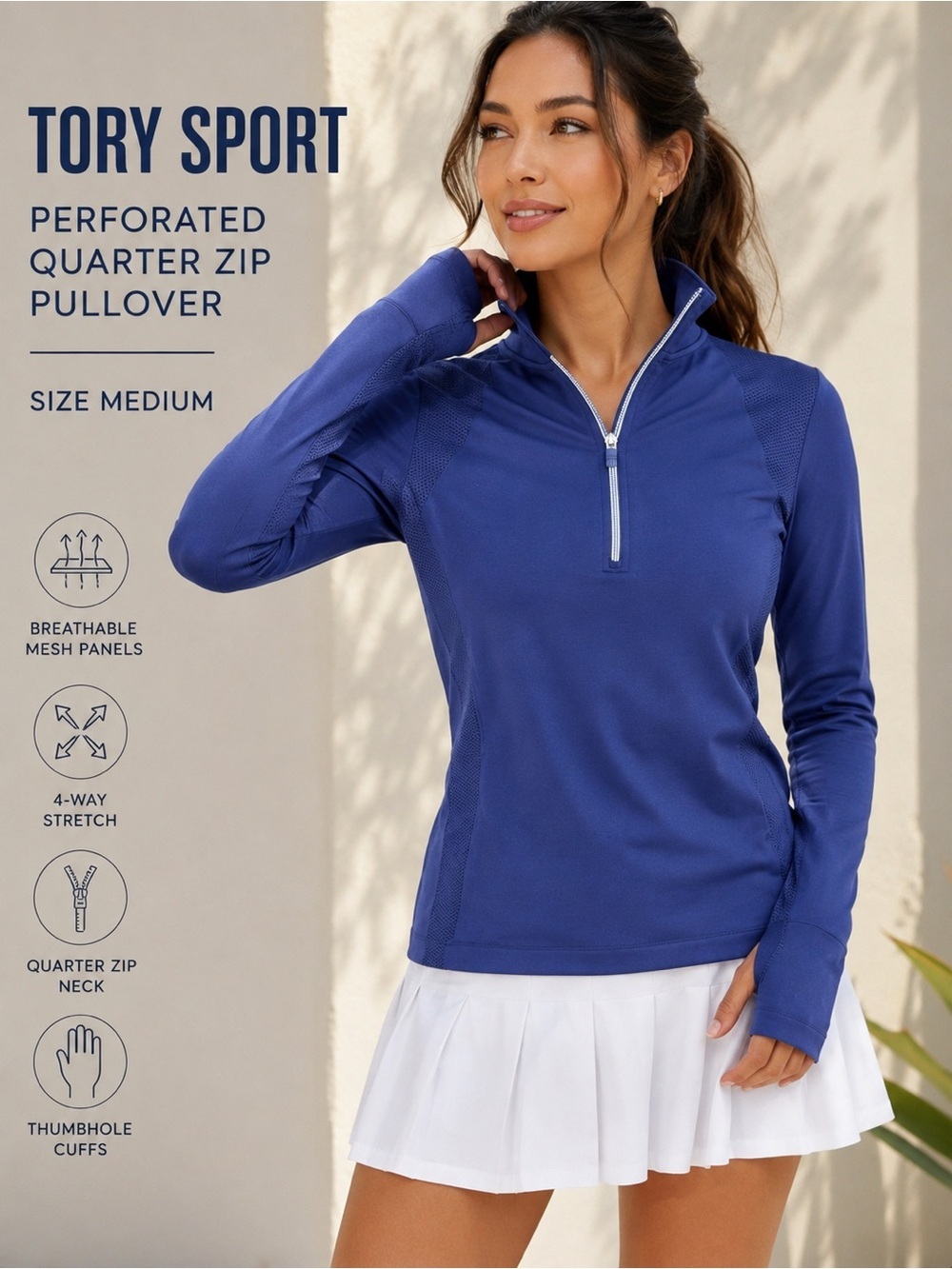 Tory Sport Blue Perforated Quarter Zip Pullover Size Medium